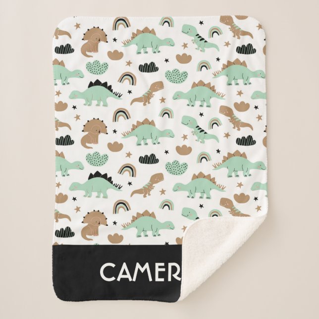 Cute Mint Green Dinosaur Pattern Sherpa Blanket (Front)