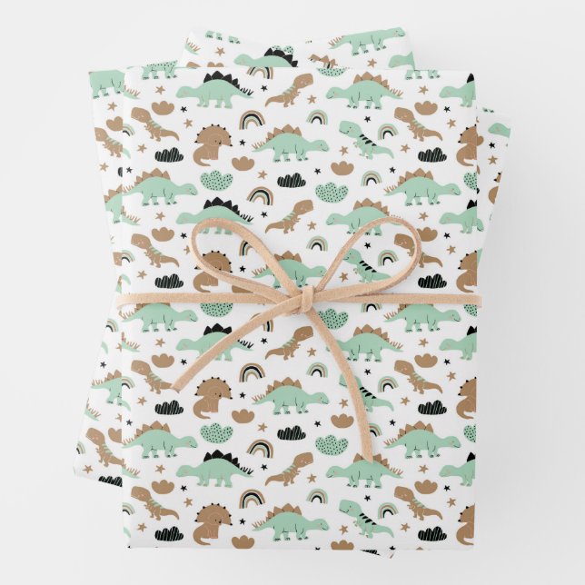 Cute Mint Green Dinosaur Pattern Wrapping Paper Sheets (In situ)