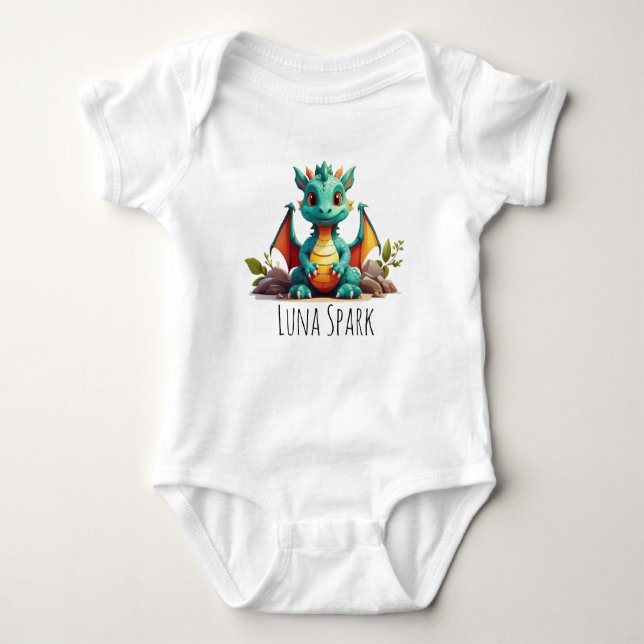 Cute Mint Green Dragon Vibes Fantasy Personalized  Baby Bodysuit (Front)
