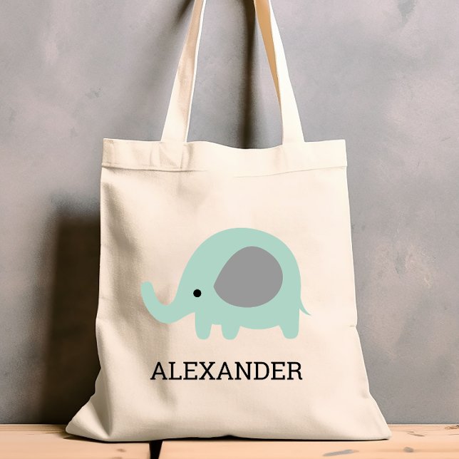 Cute Mint Green Elephant Kids' Personalized Tote Bag (Creator Uploaded)