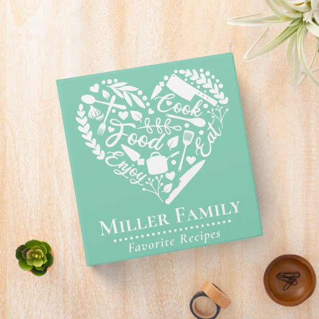 Cute Mint Green Family Name Heart Recipe Cookbook 3 Ring Binder (In Situ)