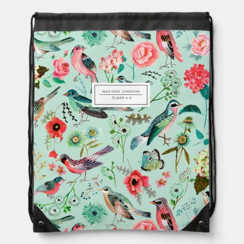 Cute Mint Green Floral Birds Botanical Pattern Drawstring Bag