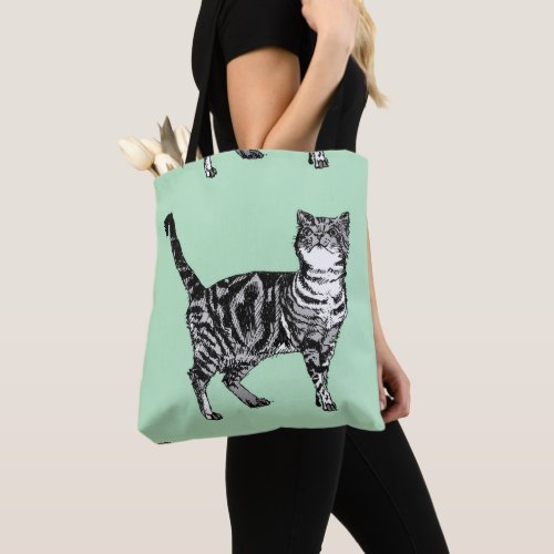 Cute Mint Green Girls Tabby Cat Grocery Tote Bag