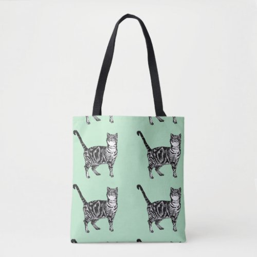 Cute Mint Green Girls Tabby Cat Grocery Tote Bag