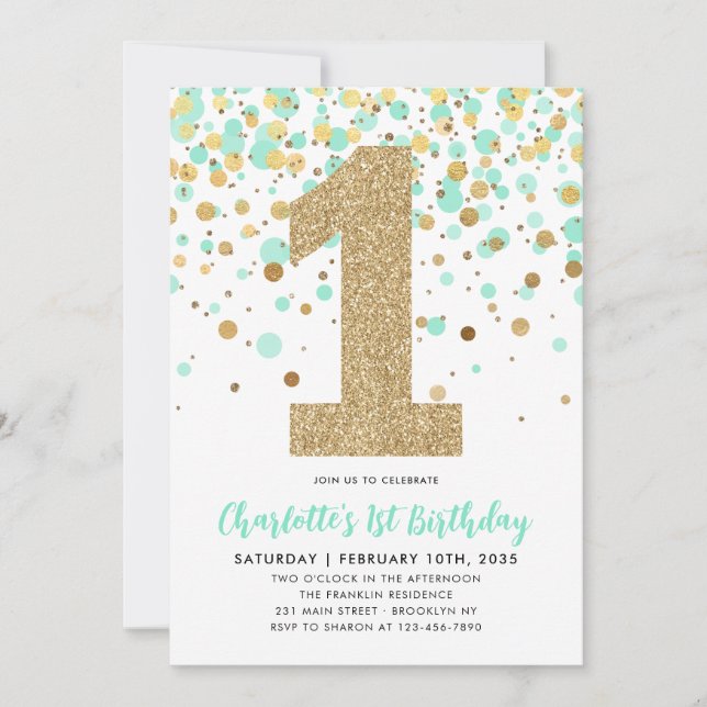 Cute Mint Green Gold Glitter Confetti 1st Birthday Invitation (Front)