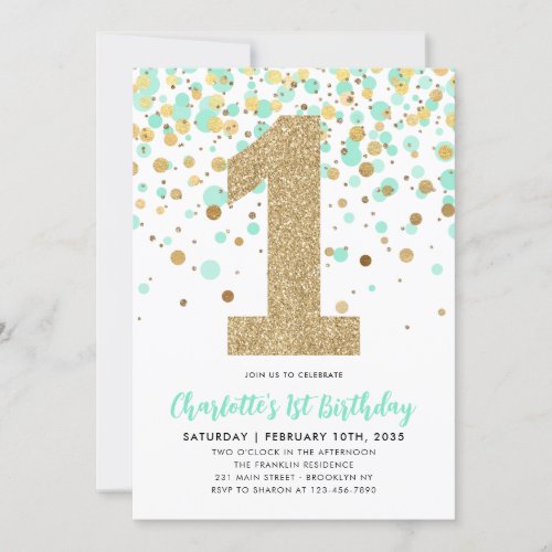 Cute Mint Green Gold Glitter Confetti 1st Birthday Invitation