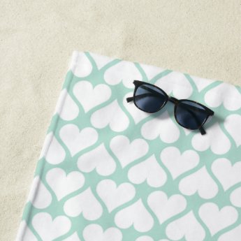 Cute Mint Green Hearts Pattern Beach Towel