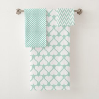 Cute Mint Green Hearts & Polkadots Bath Towel Set