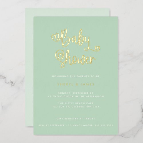 Cute Mint Green Neutral Heart Script Baby Shower Foil Invitation