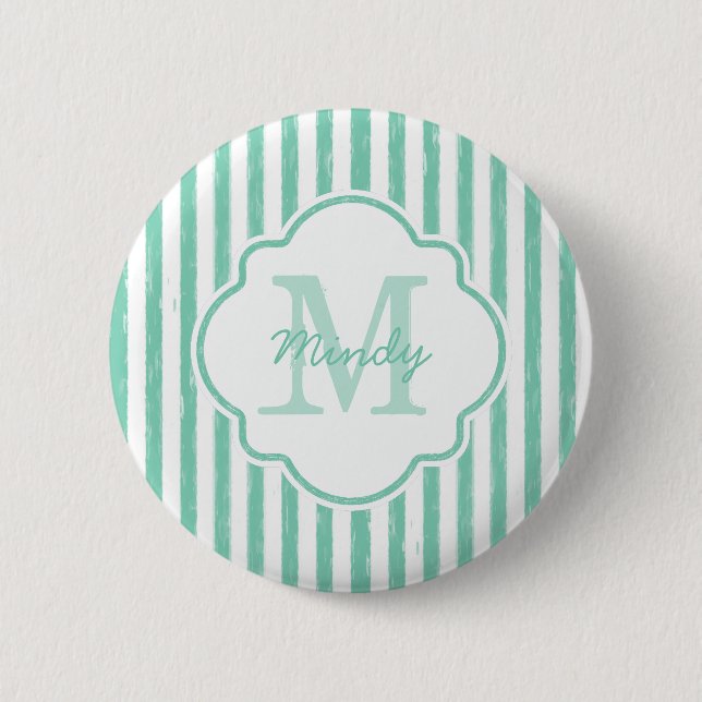 Cute Mint Green Painted Stripes Monogram and Name Button (Front)