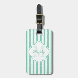 Cute Mint Green Painted Stripes Monogram and Name Luggage Tag