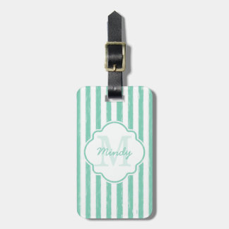 Cute Mint Green Painted Stripes Monogram and Name Luggage Tag