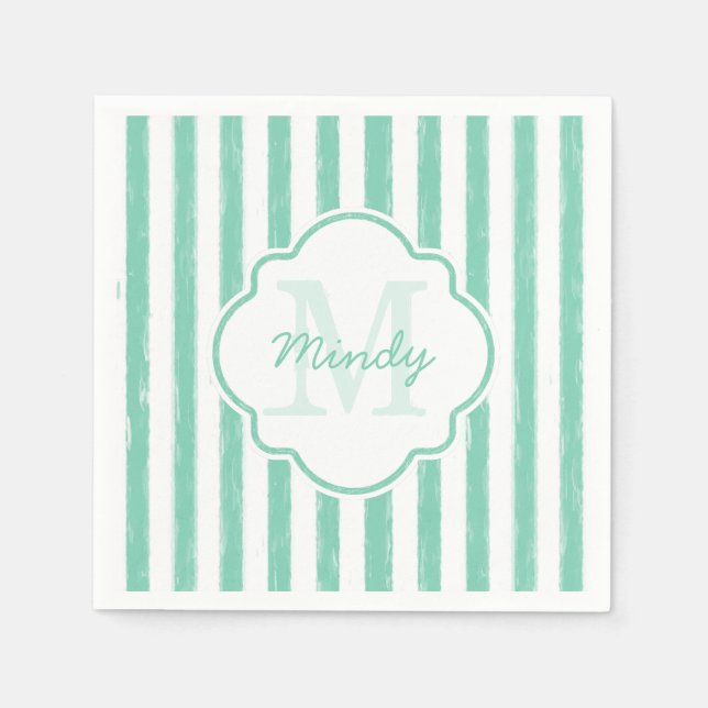 Cute Mint Green Painted Stripes Monogram and Name Paper Napkins (Front)
