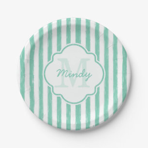 Cute Mint Green Painted Stripes Monogram and Name Paper Plates