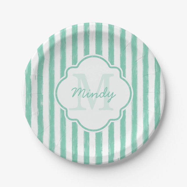 Cute Mint Green Painted Stripes Monogram and Name Paper Plates (Front)
