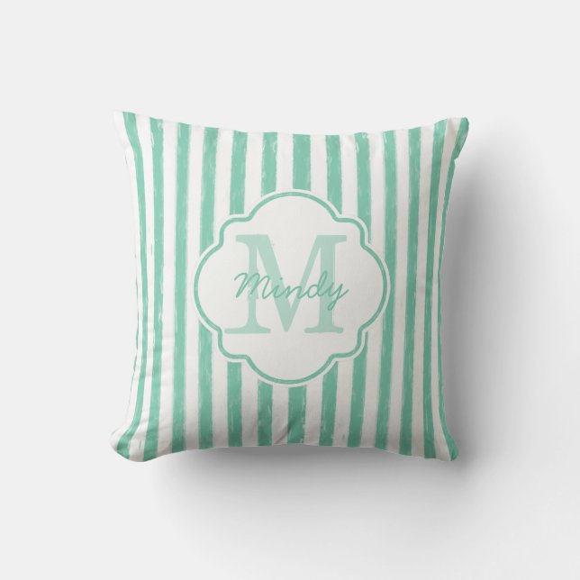 Cute Mint Green Painted Stripes Monogram and Name Throw Pillow (Front)