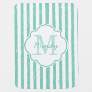 Cute Mint Green Painted Stripes Monogram With Name Receiving Blanket