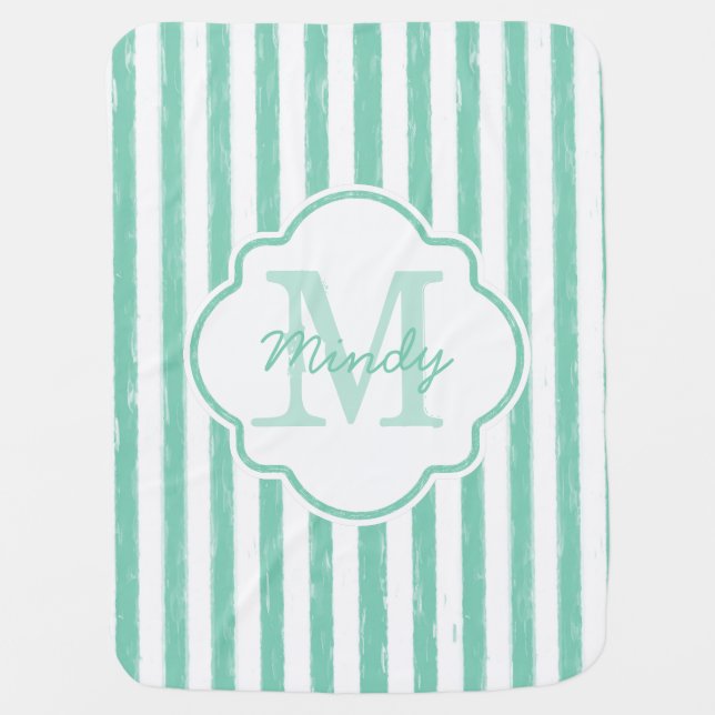 Cute Mint Green Painted Stripes Monogram With Name Receiving Blanket (Front)