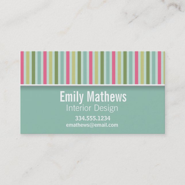 Cute Mint Green & Pink Stripes Business Card (Front)