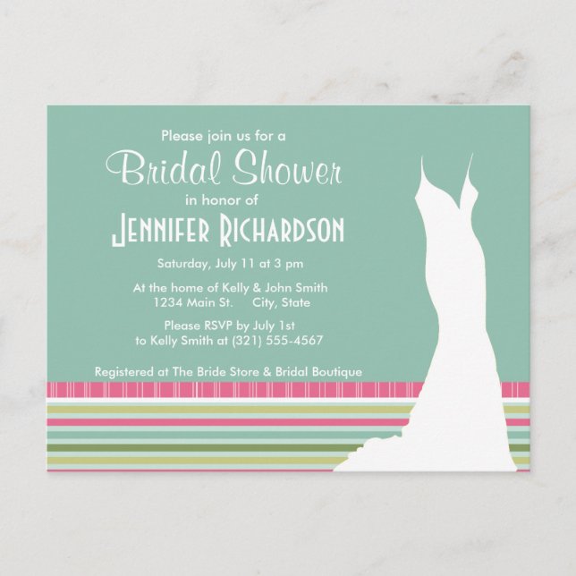 Cute Mint Green & Pink Stripes Invitation Postcard (Front)