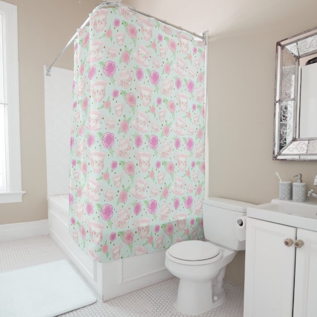 Cute Mint Green Pink Tea Party Pattern Shower Curtain (In Situ)