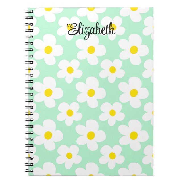 Cute mint green retro daisies girly journaling notebook (Front)