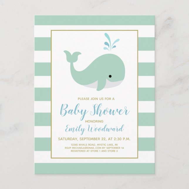 Cute Mint Green Whale Baby Shower Invitation Postcard (Front)