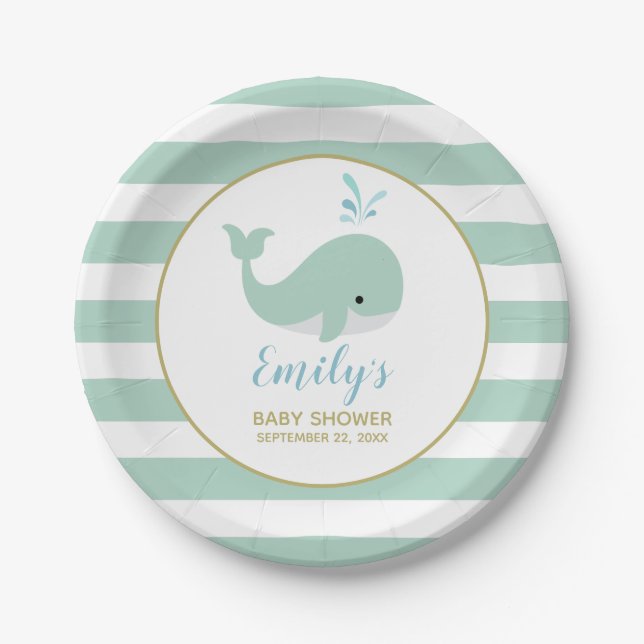 Cute Mint Green Whale Baby Shower Paper Plates (Front)