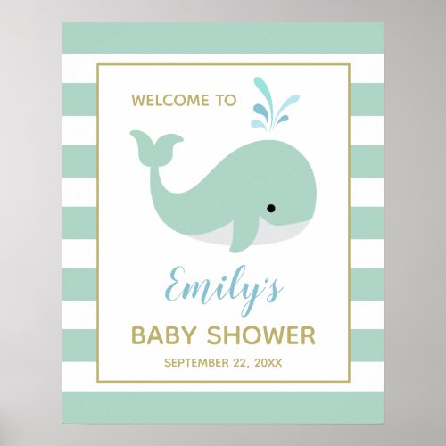 Cute Mint Green Whale Baby Shower Welcome Sign