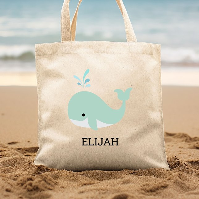Cute Mint Green Whale Kids' Personalized Tote Bag (Creator Uploaded)