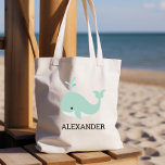 Cute Mint Green Whale Kids' Personalized Tote Bag<br><div class="desc">This kids' tote bag for animal lovers features a cute illustration of a mint green whale. Personalize it with your child's name in black letters. Makes a great book bag for boys or girls!</div>