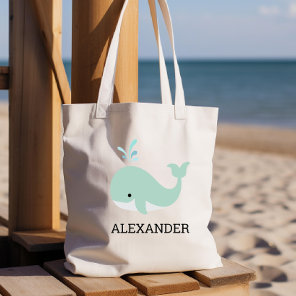 Cute Mint Green Whale Kids' Personalized Tote Bag