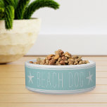 Cute Mint Green & White Starfish Beach Dog Bowl<br><div class="desc">Cute coastal style dog bowl for your beach house or island abode features the words "beach dog" in white farmhouse style lettering on a mint green background accented with narrow stripes and a pair of white starfish.</div>