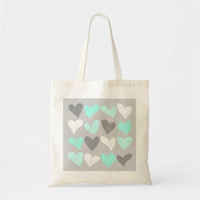 Cute mint grey love hearts tote bag (Front)