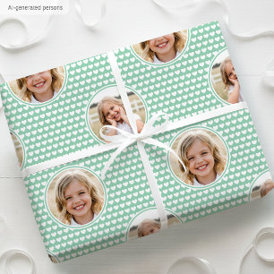 Cute Mint Hearts Kids Birthday Photo Wrapping Paper