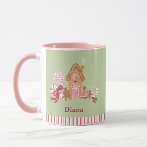 Cute Mint Pink Candy Cane Gingerbread House Mug