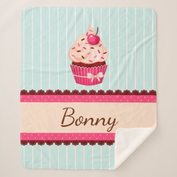 Cute Mint Pink Cupcake With Sprinkles Custom Name Sherpa Blanket by VintageDesignsShop at Zazzle