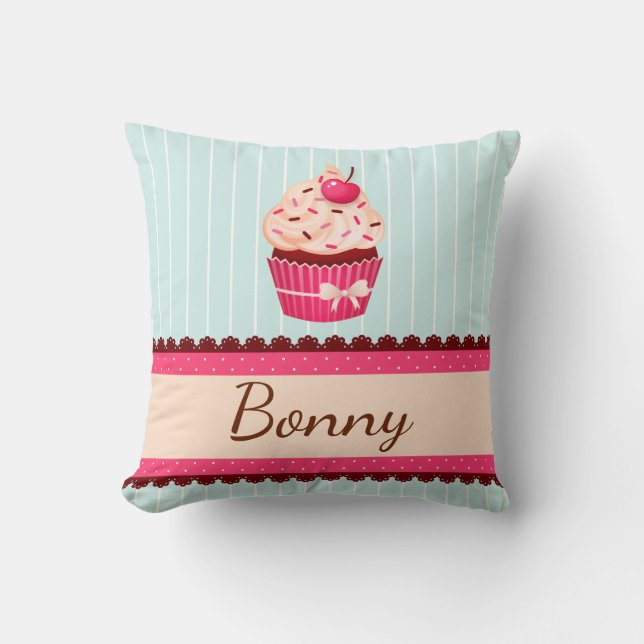 Cute Mint Pink Cupcake With Sprinkles Custom Name Throw Pillow (Front)