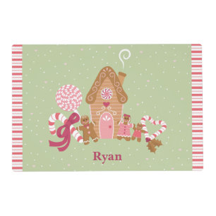 Cute Mint Pink Gingerbread Candy Cane Laminated Placemat