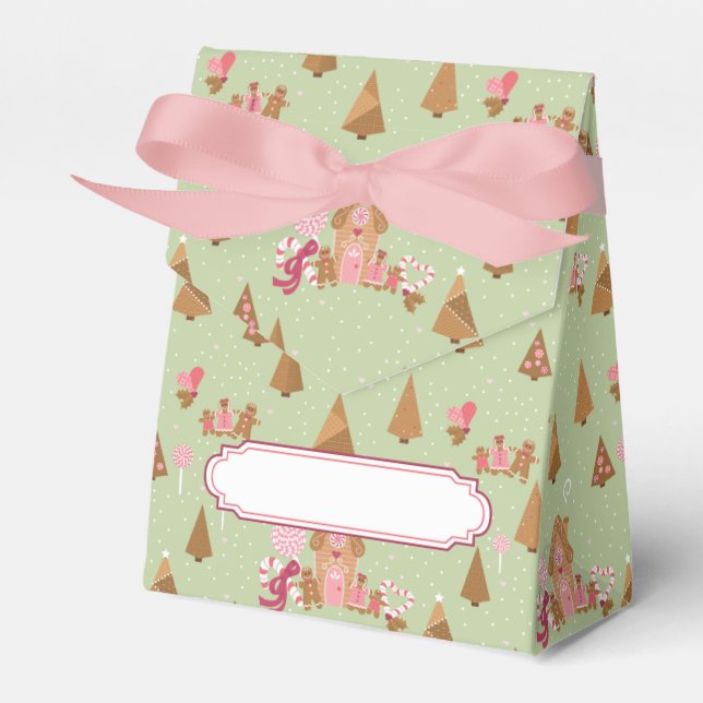 Cute Mint Pink Gingerbread Candy Cane Tent Favor Boxes (Front Side)