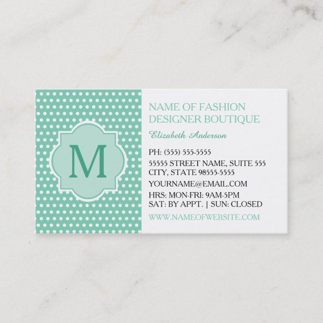 Cute Mint Polka Dots With Girly Monogram Boutique Business Card (Front)