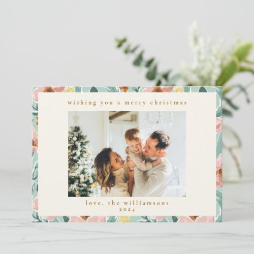 Cute Mint Sage Blush Pink Floral Christmas Photo Holiday Card