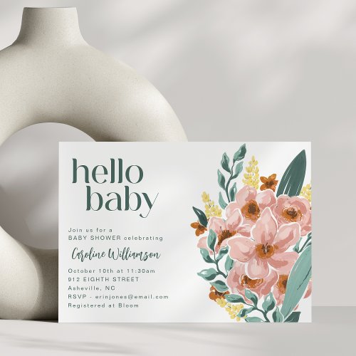 Cute Mint Sage Pink Floral Hello Baby Shower Invitation