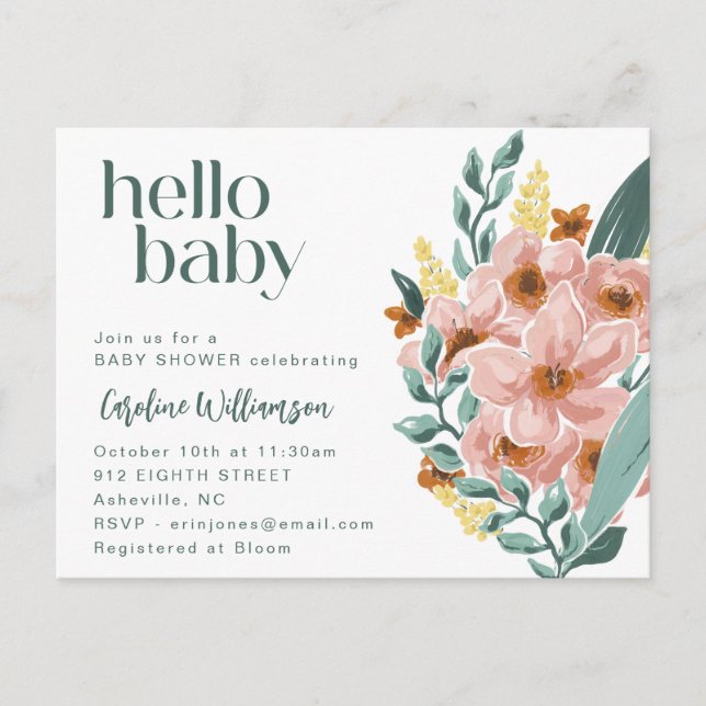 Cute Mint Sage Pink Floral Hello Baby Shower Postcard (Front)