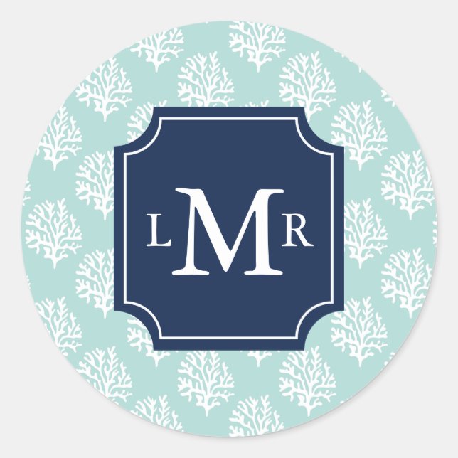 Cute Mint Summer Pattern and Blue Monogram Classic Round Sticker (Front)