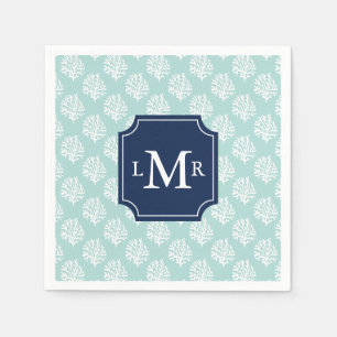 Cute Mint Summer Pattern and Blue Monogram Paper Napkins