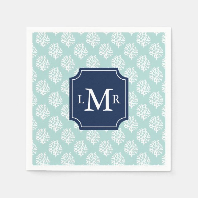 Cute Mint Summer Pattern and Blue Monogram Paper Napkins (Front)