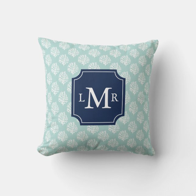 Cute Mint Summer Pattern and Blue Monogram Throw Pillow (Front)