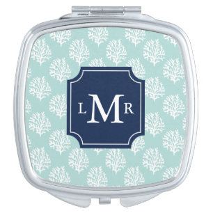 Cute Mint Summer Pattern and Blue Monogram Vanity Mirror