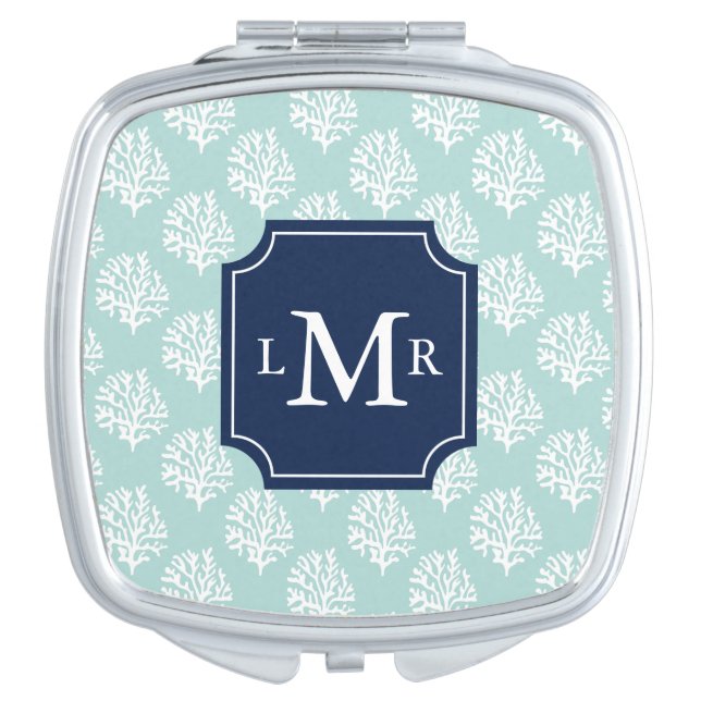 Cute Mint Summer Pattern and Blue Monogram Vanity Mirror (Front)